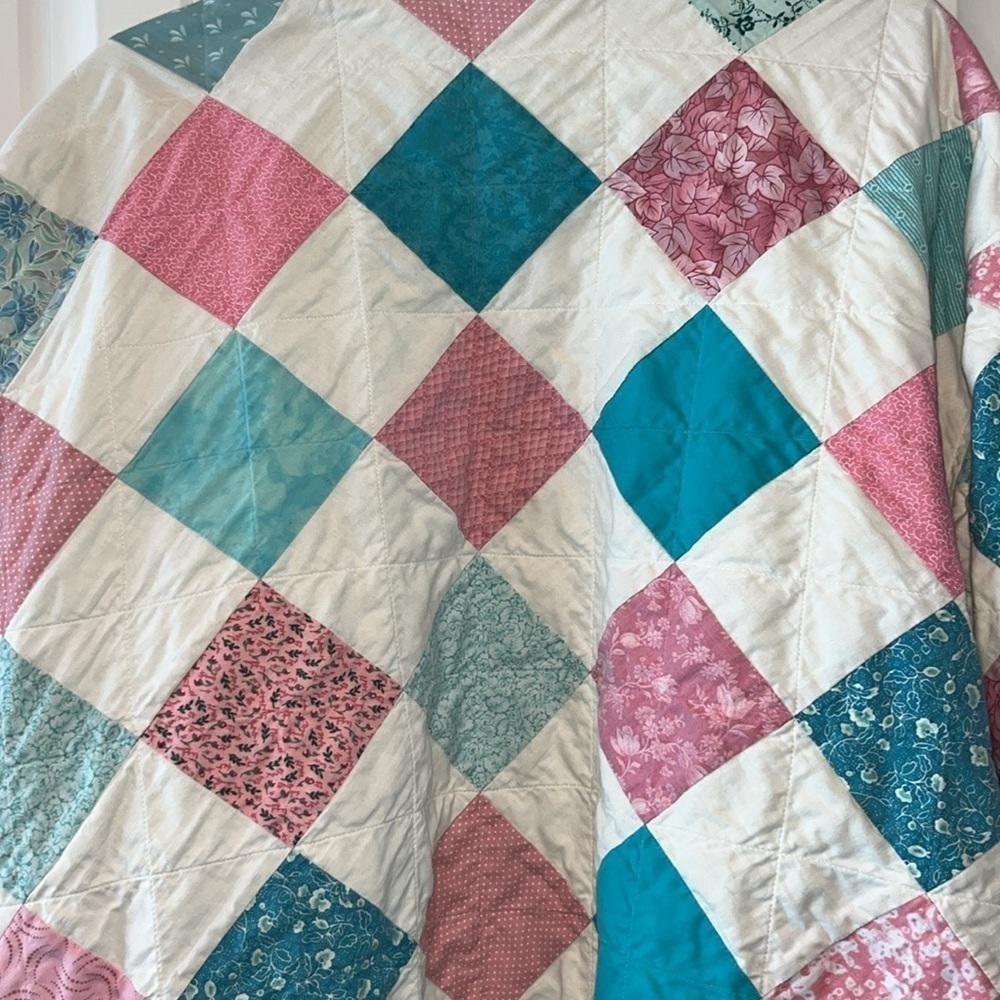 Vintage boho folk grandma quilt square pink teal patchwork zip jacket XL XXL - Picture 4 of 14